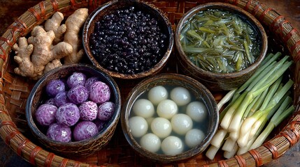 A basket of diverse culinary ingredients showcasing Asian cuisine preparations with natural light