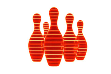 Glowing red bowling pins neon sign graphic element for nightlife, entertainment, and sport activities on transparent background