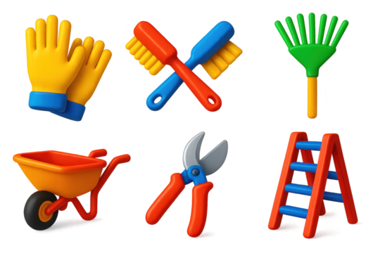 Set of garden tools including a wheelbarrow, pruning shears, and a rake