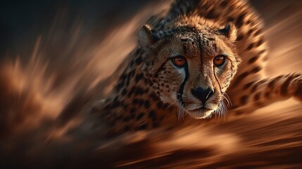 A captivating close-up of a cheetah in motion, showcasing speed and determination with blurred