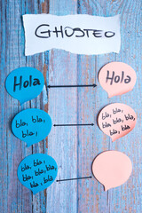 Ghosting concept in Spanish with speech bubbles on rustic blue wood background. © BARLOP