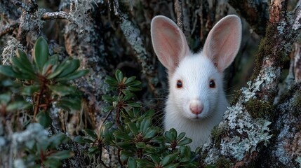 A captivating close-up of a white rabbit nestled amongst lush foliage in nature's embrace