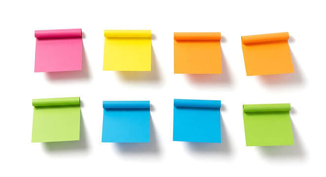 Colorful sticky notes arranged neatly on a surface, each with a curled-up top edge, display vibrant hues