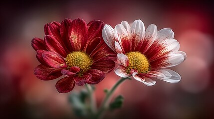 A captivating close-up of two vibrant chrysanthemum flowers with striking red and white petals