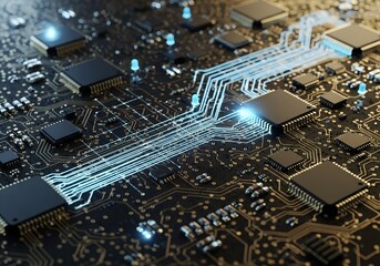 Cutting-edge circuit board design showcasing electronic components and glowing pathways, perfect for innovation, technology, and future-forward concepts