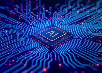 Stunning close up of futuristic computer chip showcasing innovative technology and intricate design in vibrant neon blue and orange lights.