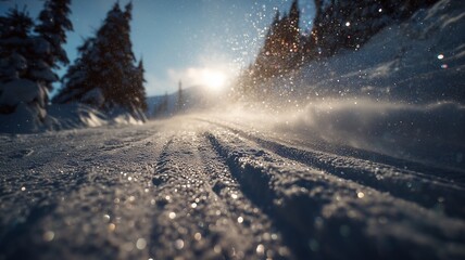 Winter Mountain Slope with Skier. Snowy Alpine Landscape Background. Winter Sports and Adventure Scene.