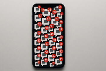 Phone screen filled with message notification icons showing overwhelming digital alerts, symbolizing excessive online communication overload and constant social media activity in modern mobile environ