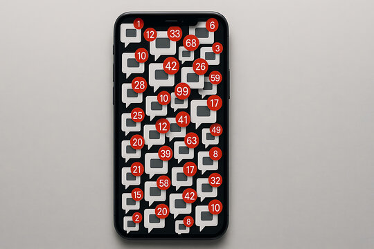 Phone screen filled with message notification icons showing overwhelming digital alerts, symbolizing excessive online communication overload and constant social media activity in modern mobile environ