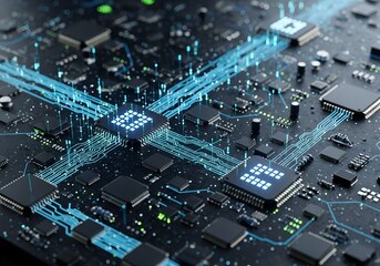 Cutting-edge technology with glowing circuitry showcases modern processors and integrated circuits, ideal for technology, science, and innovation projects