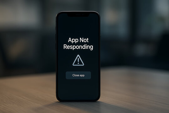 App Not Responding warning message on smartphone screen, mobile device application crash alert stuck frozen error display close up on modern technology interface background concept for system bug trou