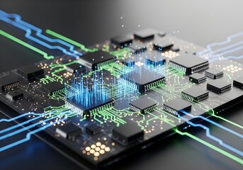 Cutting-edge technology design showing vibrant circuit board with dynamic data flow, perfect for illustrating innovation and technological advancement in modern industries