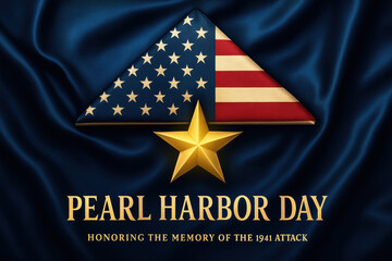 Pearl Harbor Day tribute illustration with a folded American flag, gold star, and memorial text on blue satin. Represents remembrance, honor, and U.S. military heritage
