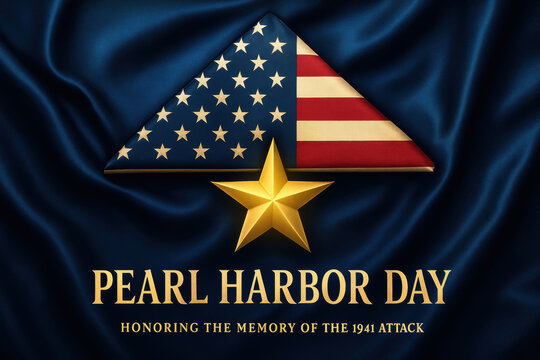 Pearl Harbor Day tribute illustration with a folded American flag, gold star, and memorial text on blue satin. Represents remembrance, honor, and U.S. military heritage