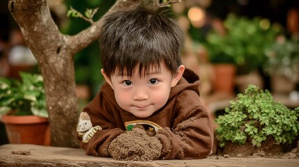 A Charming Portrait of a Young Boy Playing Outdoors in a Lush Garden Setting