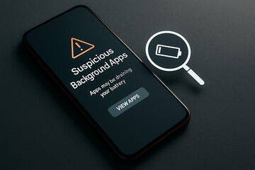 Smartphone showing suspicious background apps warning, battery drain alert message, mobile security risk notification highlighting unauthorized activity and system performance threat detection