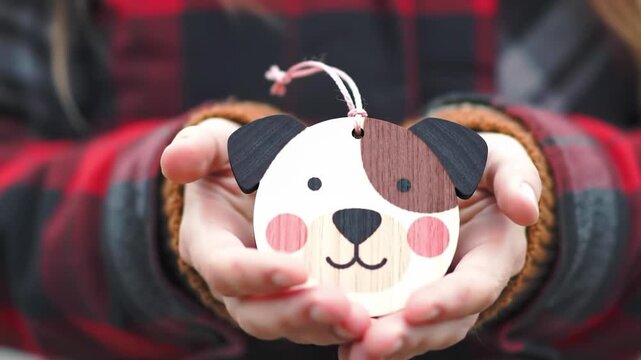 Person holding a wooden dog ornament with a red plaid background