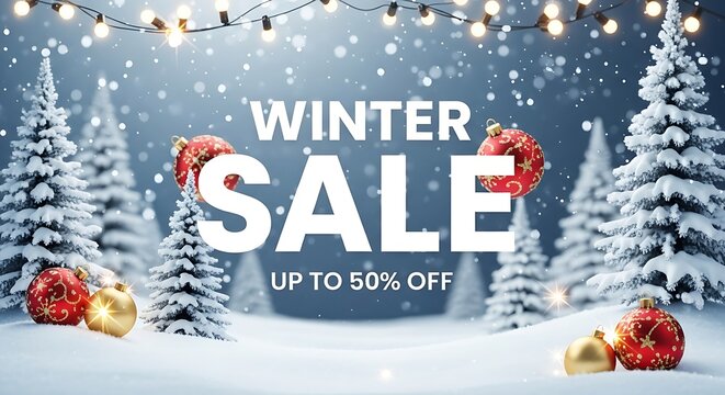 Winter sale up to 50 percent off festive snow scene