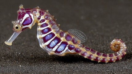 A close-up shot showcases a vibrant purple seahorse gracefully resting on dark sand displaying its