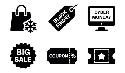 A collection of six black icons representing shopping, sales, and promotions on a white background.