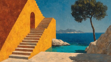 A coastal paradise painting showcasing architecture, ocean, and nature with a serene and vibrant