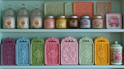 A colorful collection of vintage kitchen containers and ceramic storage boxes on a shelf