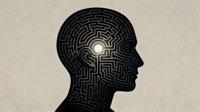 mind lost in maze: surreal head profile with intricate labyrinth pattern, psychological art, depression metaphor, soft inner light symbolizing hope