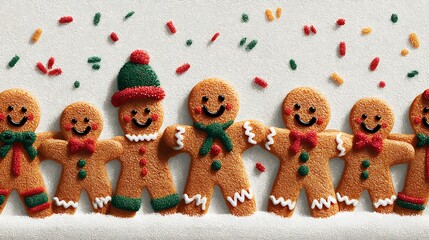 Line of Gingerbread Men Cookies with Festive Scarves and Hats on photo White Background christmas