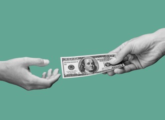 Composite collage of hands with dollar banknotes