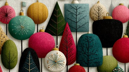 Assortment of Textured Christmas Ornaments and Trees in Festive Colors holiday photo