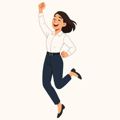 Successful businesswoman joyfully jumping, celebrating achievement with a fist pump, full-length vector illustration.