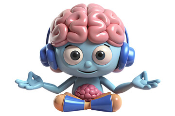 Naklejka premium A cartoon brain character meditating with headphones on a black isolated background in a relaxed pose on transparent background