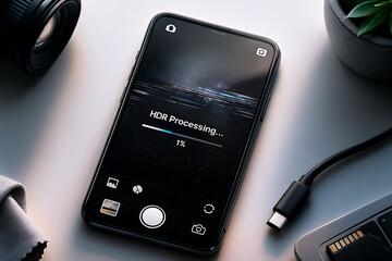 HDR processing loading screen displayed on smartphone camera application interface with photography environment accessories professional editing enhancement workflow image rendering mobile technology 