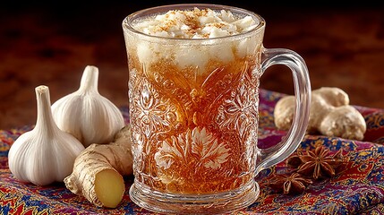 A Glass Mug Filled with Iced Tea Garnished with Garlic and Ginger still life composition