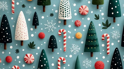Whimsical Christmas Tree and Snowflake Pattern with Candy Canes on Blue image photo
