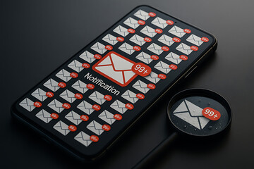 Smartphone screen full of unread email notification icons with magnifying glass showing 99 plus message overload representing digital communication stress inbox explosion spam alert productivity press