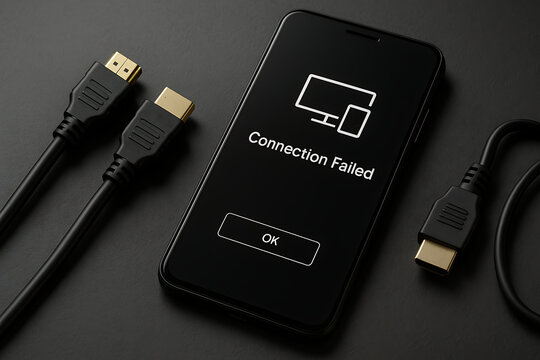 Connection failed error displayed on smartphone screen while HDMI cables lie beside device showing wired display problem signal interruption external monitor connectivity issue digital failure message