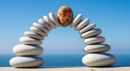 Balanced Arch of Smooth White Stones with Rusty Rock Center