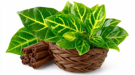 A harmonious blend of green leaves, cinnamon sticks, and a natural woven basket for wellness