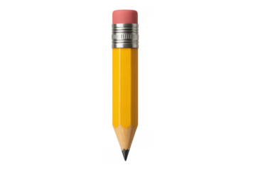 Short yellow wooden pencil with a graphite lead and pink eraser for writing, drawing, and studying on transparent background