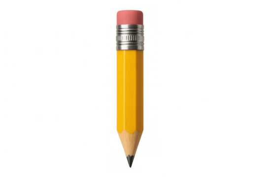 Short yellow wooden pencil with a graphite lead and pink eraser for writing, drawing, and studying on transparent background