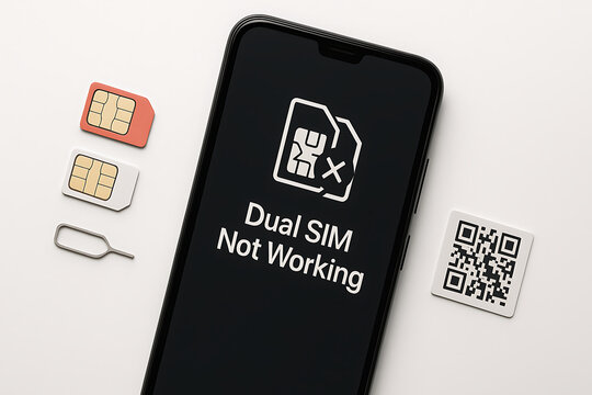 Dual sim not working error shown on smartphone screen surrounded by sim cards and qr code symbolizing network conflict carrier mismatch activation failure mobile connectivity issue