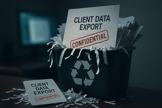 Client data export confidential shredded documents inside recycling bin cybersecurity privacy breach prevention disposal compliance data destruction workflow sensitive corporate files management risk 
