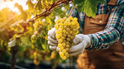 Grapes Being Harvested by Farmer in Vineyard During Sunny Autumn Afternoon With Natural Warm Tones