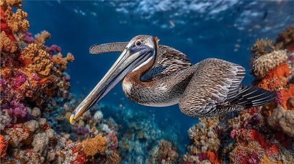 A majestic pelican gracefully soars through vibrant coral reef waters creating an enchanting