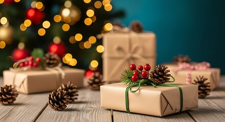Christmas Gifts Wrapped In Kraft Paper With Pinecones And Berries
