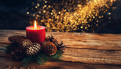 Escena navideña íntima y cálida con un enfoque en el primer plano. En una superficie de madera rústica y envejecida se destacan velas de pilar de color rojo intenso encendidas.