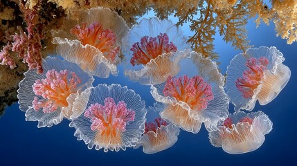 A mesmerizing group of upside-down jellyfish under the sea with vibrant coral reefs creating an