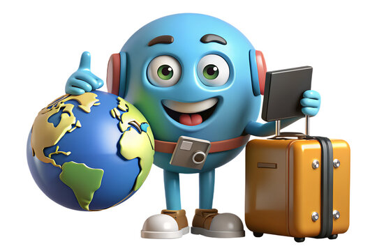 A cartoon globe character with a suitcase and tablet ready for adventure and global exploration now on transparent background