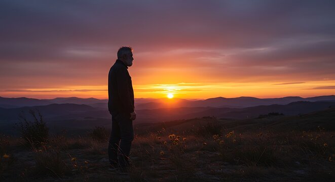 Contemplative Man Watching a Vivid Sunset over Rolling Hills